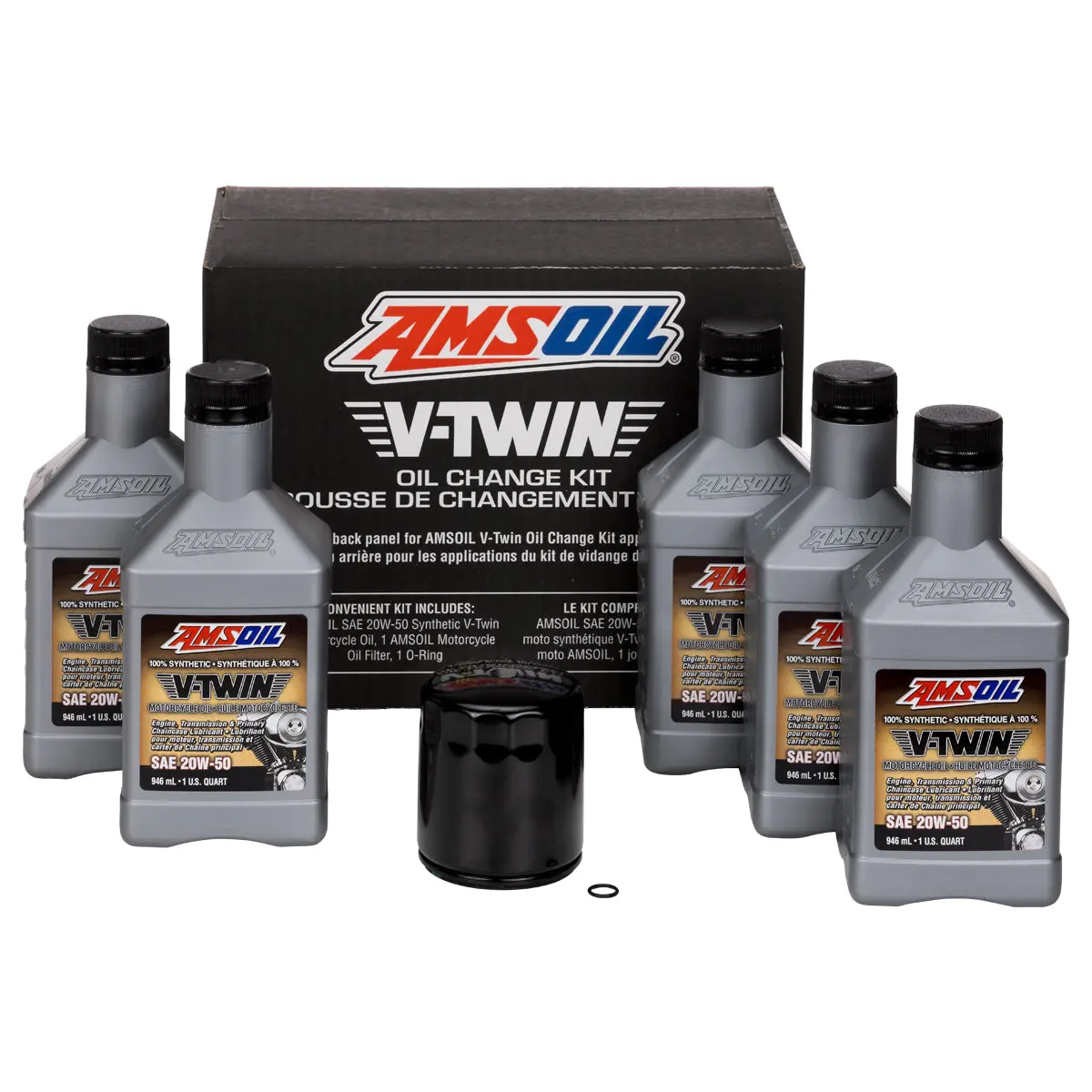 Amsoil 20W-50 Synthetic V-Twin Oil Change Kit - 5 Quarts With Black Filter One 1