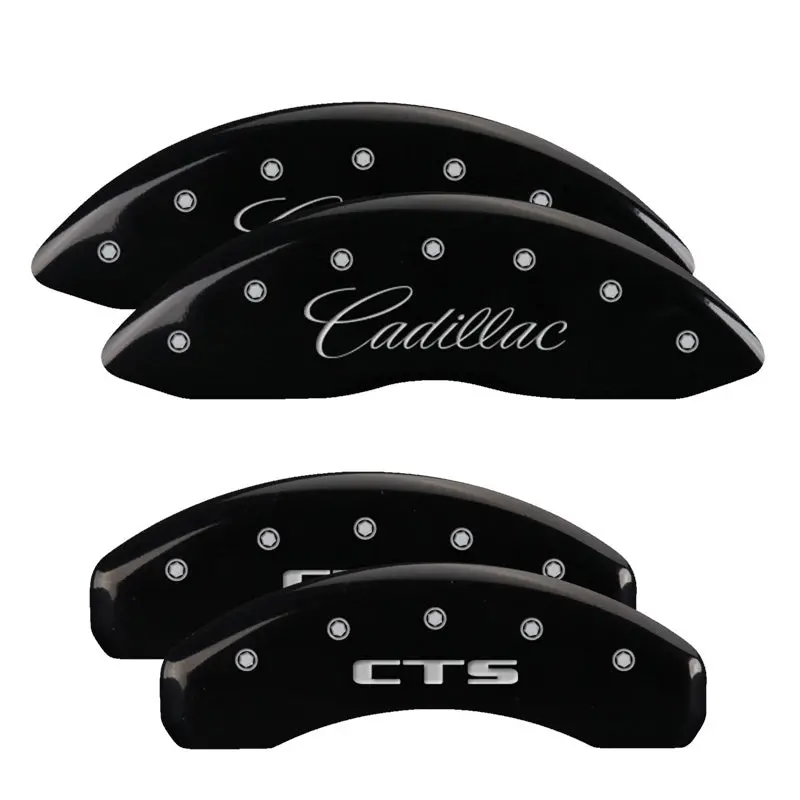 Mgp 4 Caliper Covers Engraved Front Cursive/Cadillac Engraved Rear Cts Black Finish Silver Ch 1