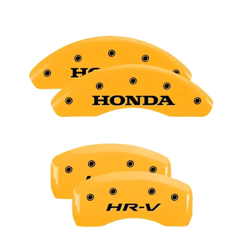 Mgp Engraved 4-Piston Caliper Covers – Front & Rear For Honda Hr-V, Yellow Finish With Black Chrome Accents 1